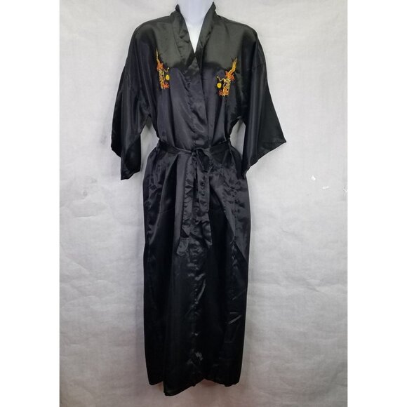 Lucky Kimono Bath Robe M Hand Embroidered Chinese Dragon Black Satin Tie Pockets - Picture 3 of 16